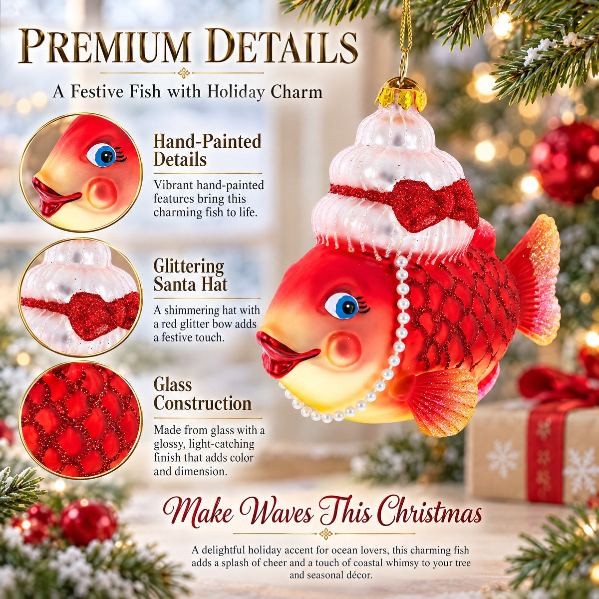Grandma Fish in Santa Hat Glass Christmas Ornament