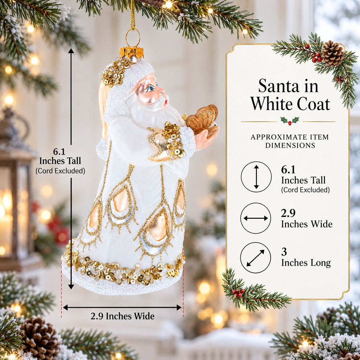 Santa in White Coat Glass Christmas Ornament
