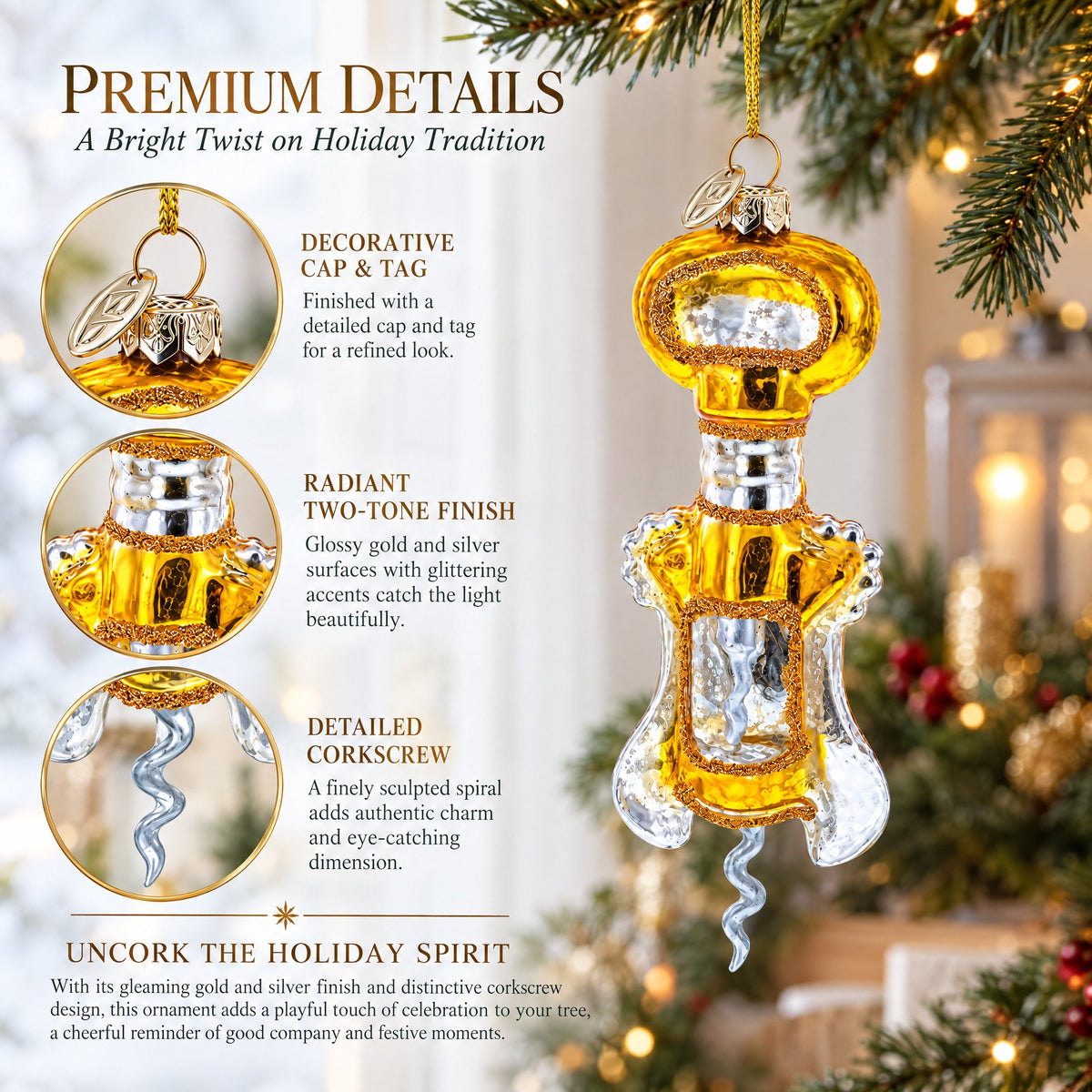 Gold and Silver Corkscrew Glass Christmas Ornament