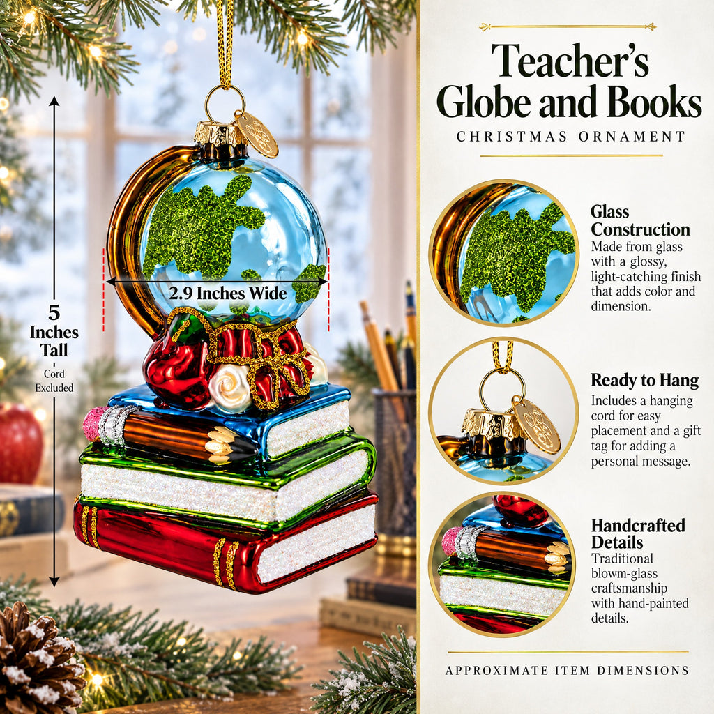 Teacher’s Globe and Books Glass Christmas Ornament