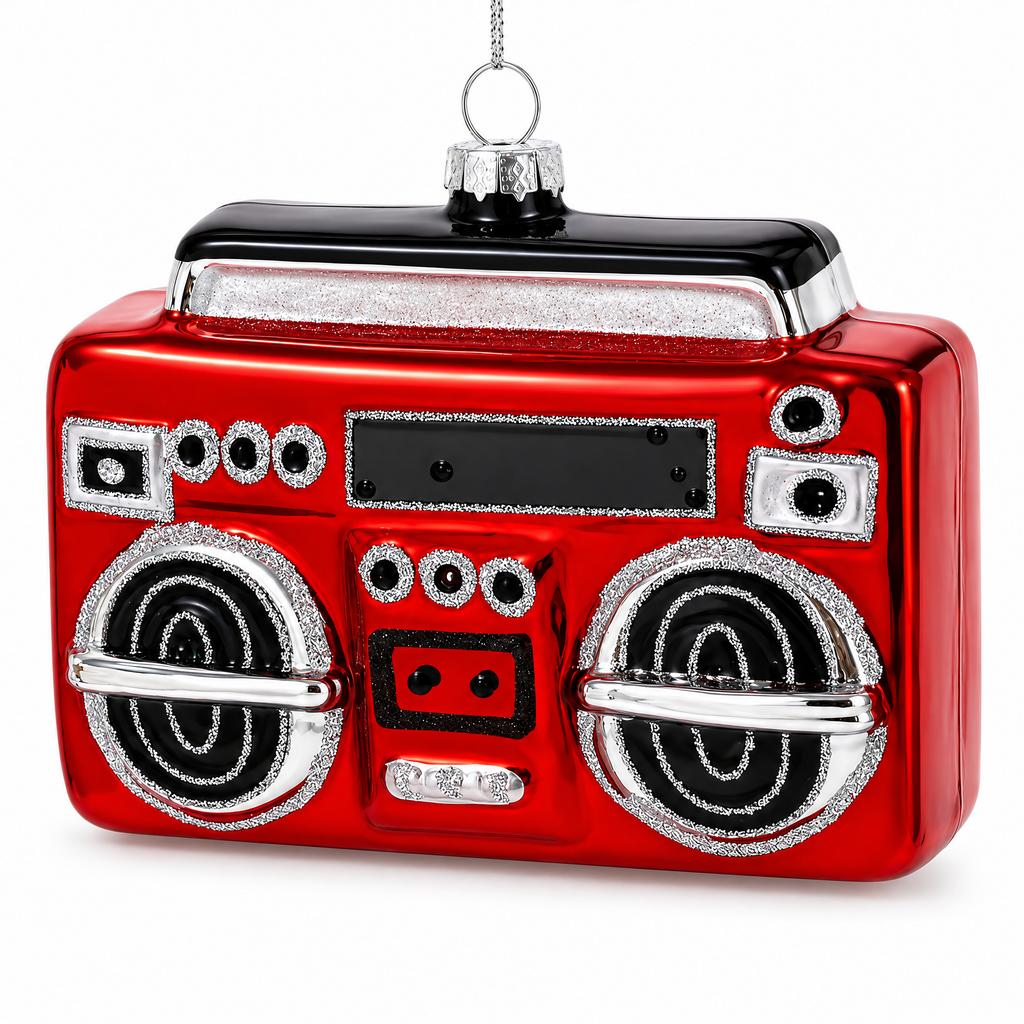 Retro Red Boombox Glass Christmas Ornament