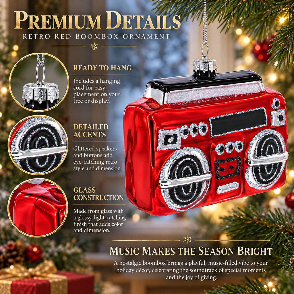 Retro Red Boombox Glass Christmas Ornament