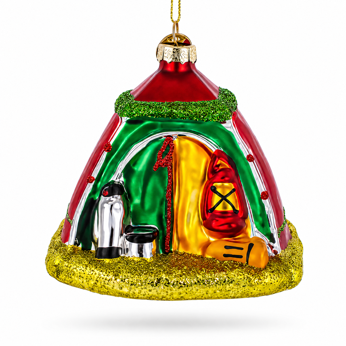 Red and Green Camp Tent Glass Christmas Ornament