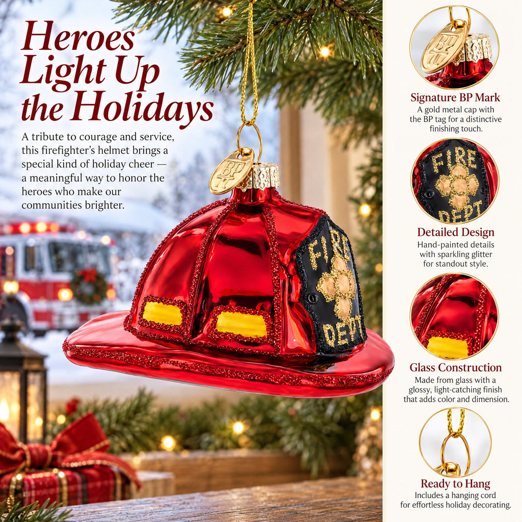 Firefighter’s Red Helmet Glass Christmas Ornament
