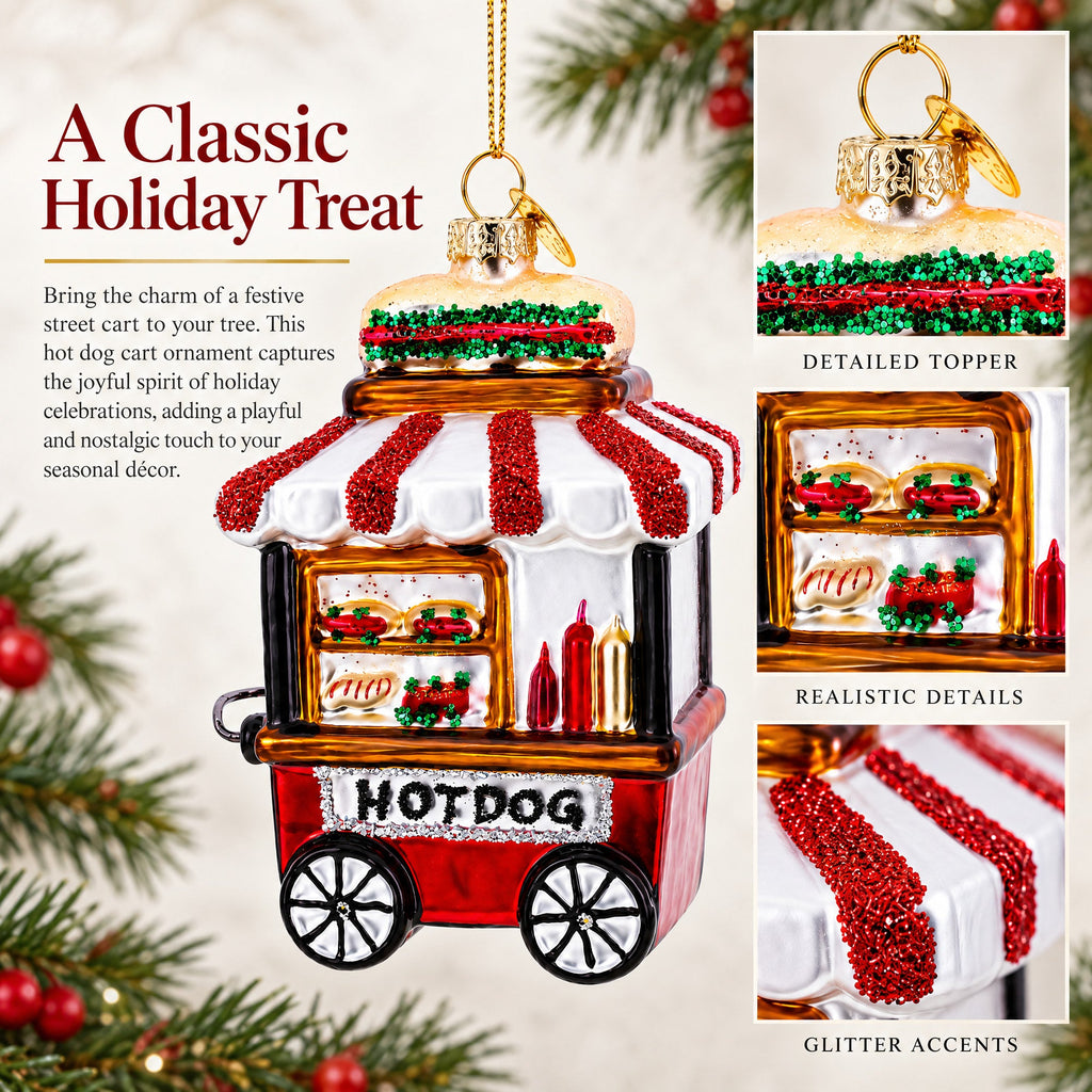 Hot Dog Cart Glass Christmas Ornament