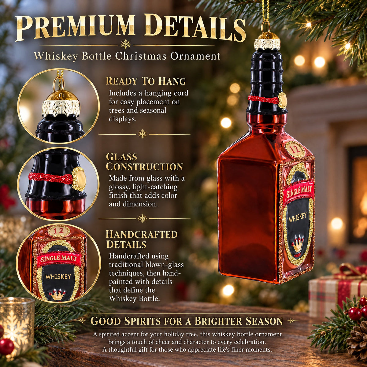 Whiskey Bottle Glass Christmas Ornament
