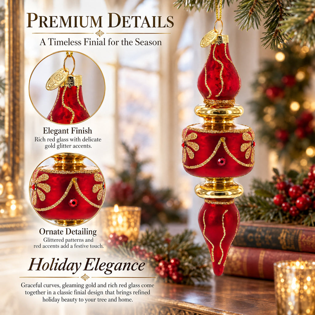 Red & Gold Finial Glass Christmas Ornament