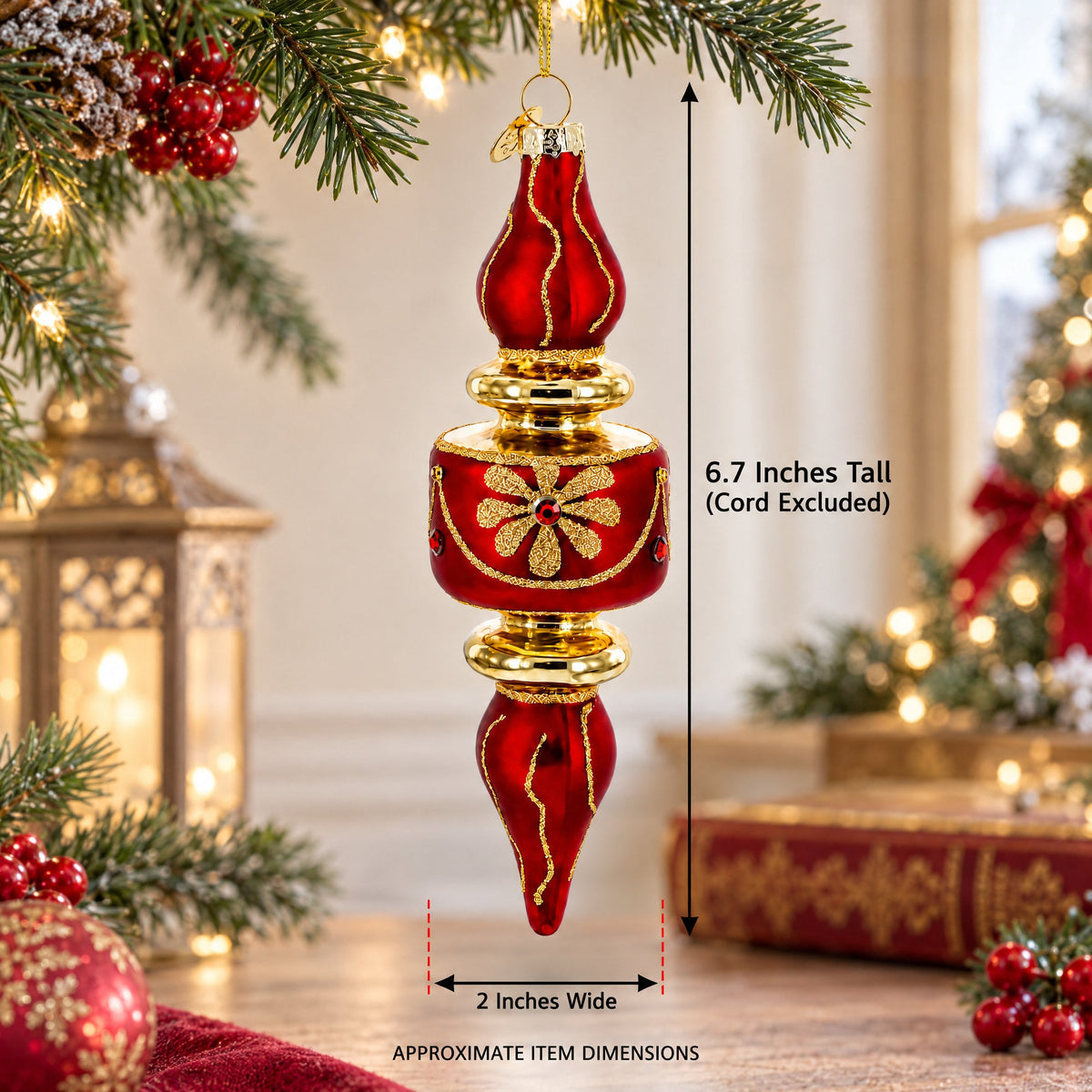 Red & Gold Finial Glass Christmas Ornament