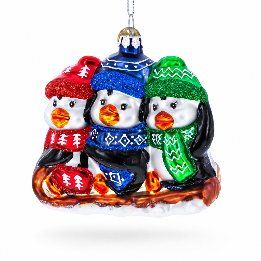 Penguin Trio Sledding Glass Christmas Ornament
