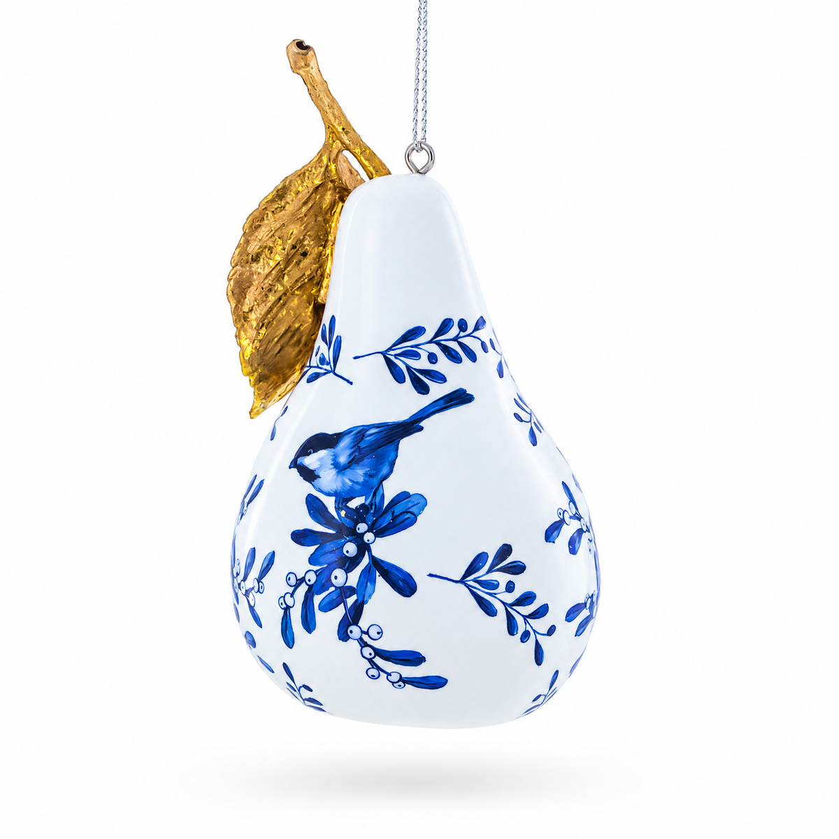 Bird on White Pear with Gold Leaf Glass Christmas Ornament