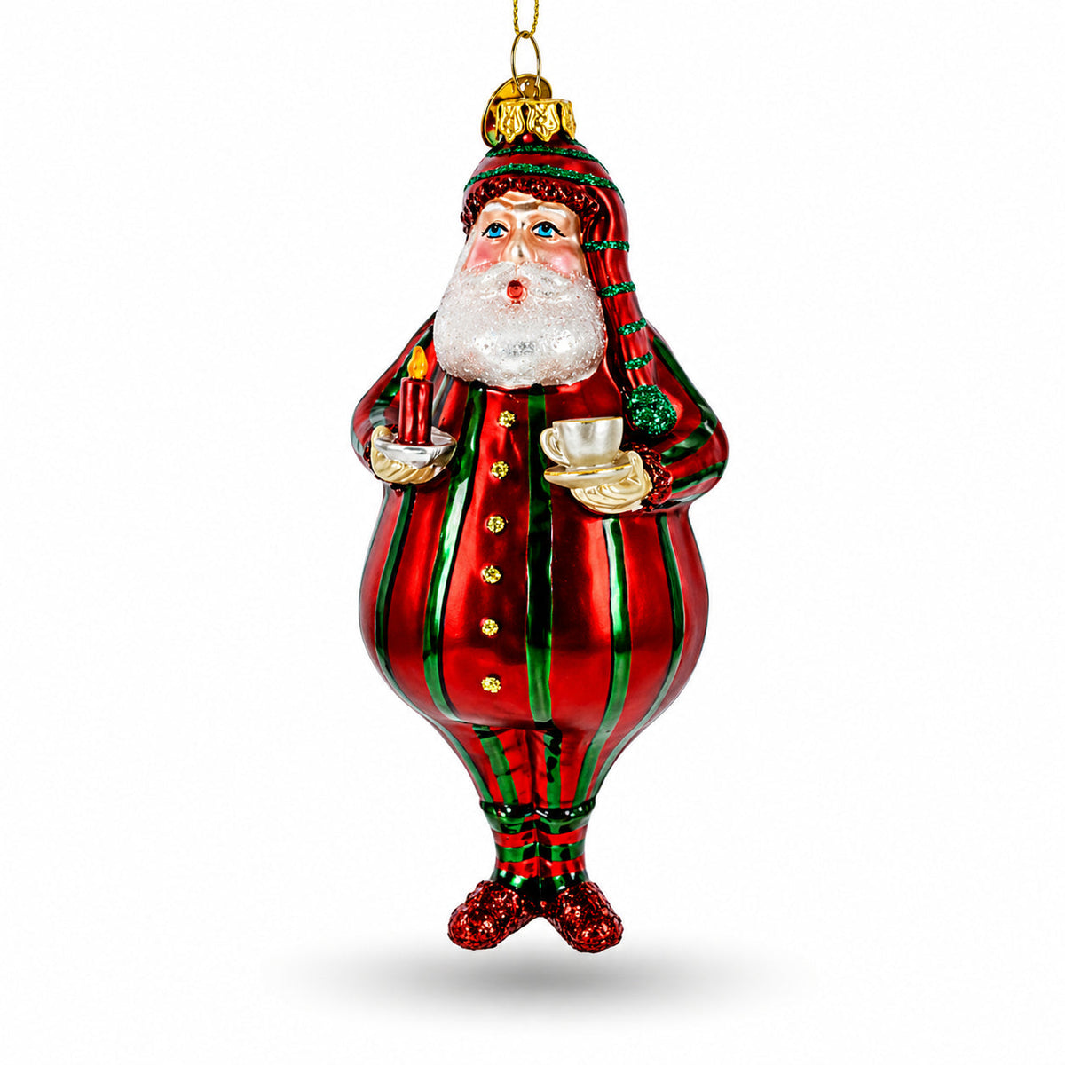 Santa in Striped Pajamas Glass Christmas Ornament