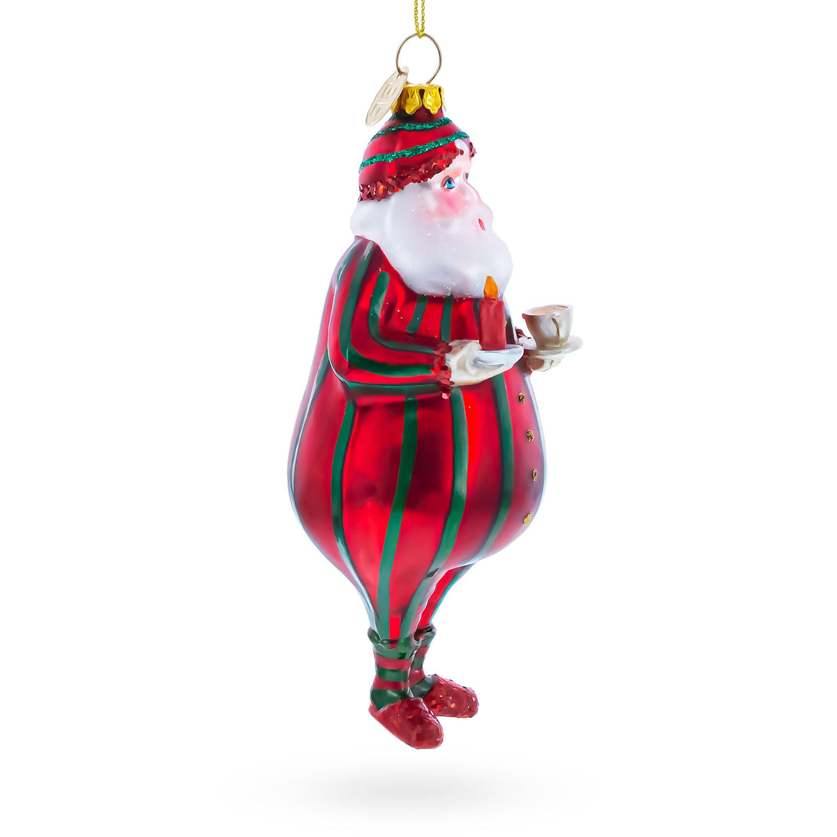Santa in Striped Pajamas Glass Christmas Ornament