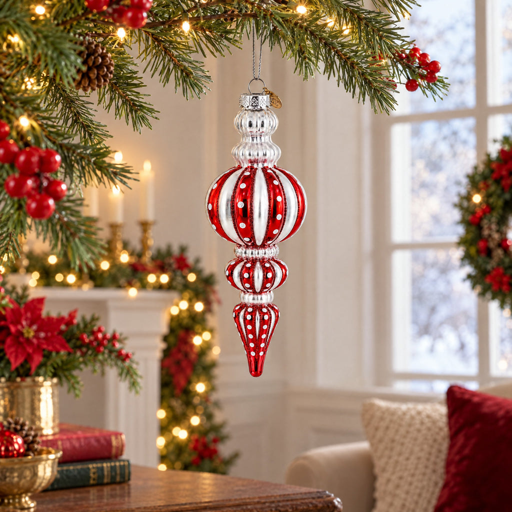 Red and Silver with Polka Dots Striped Glass Finial Christmas Ornament