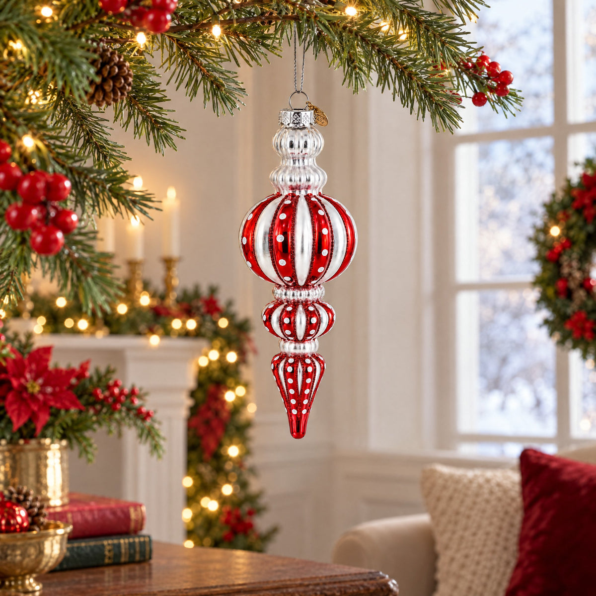 Red and Silver with Polka Dots Striped Glass Finial Christmas Ornament