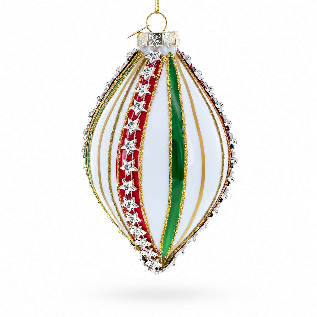 Striped White and Green Teardrop Finial Glass Christmas Ornament