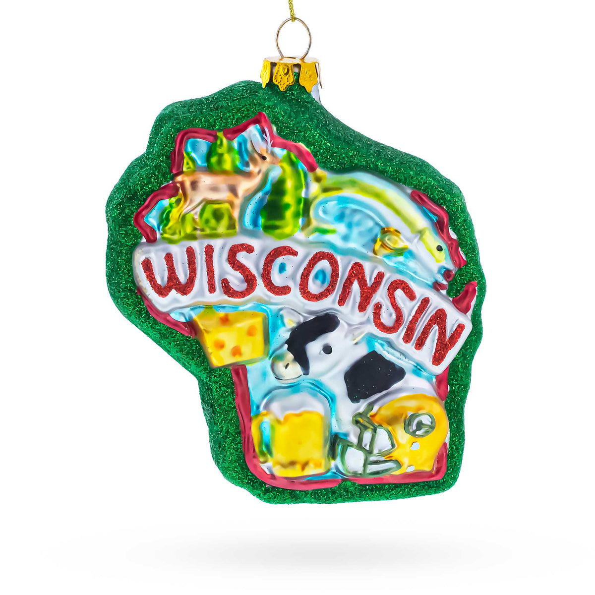 Wisconsin State Map with Icons Glass Christmas Ornament