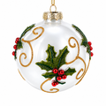 Holly Leaves and Gold Swirls Glass Ball Christmas Ornament