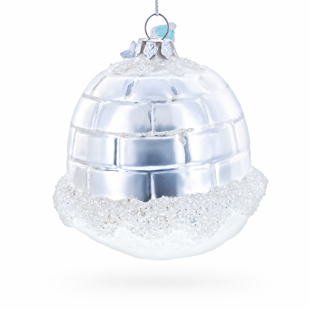 Penguins Decorating Igloo Glass Christmas Ornament