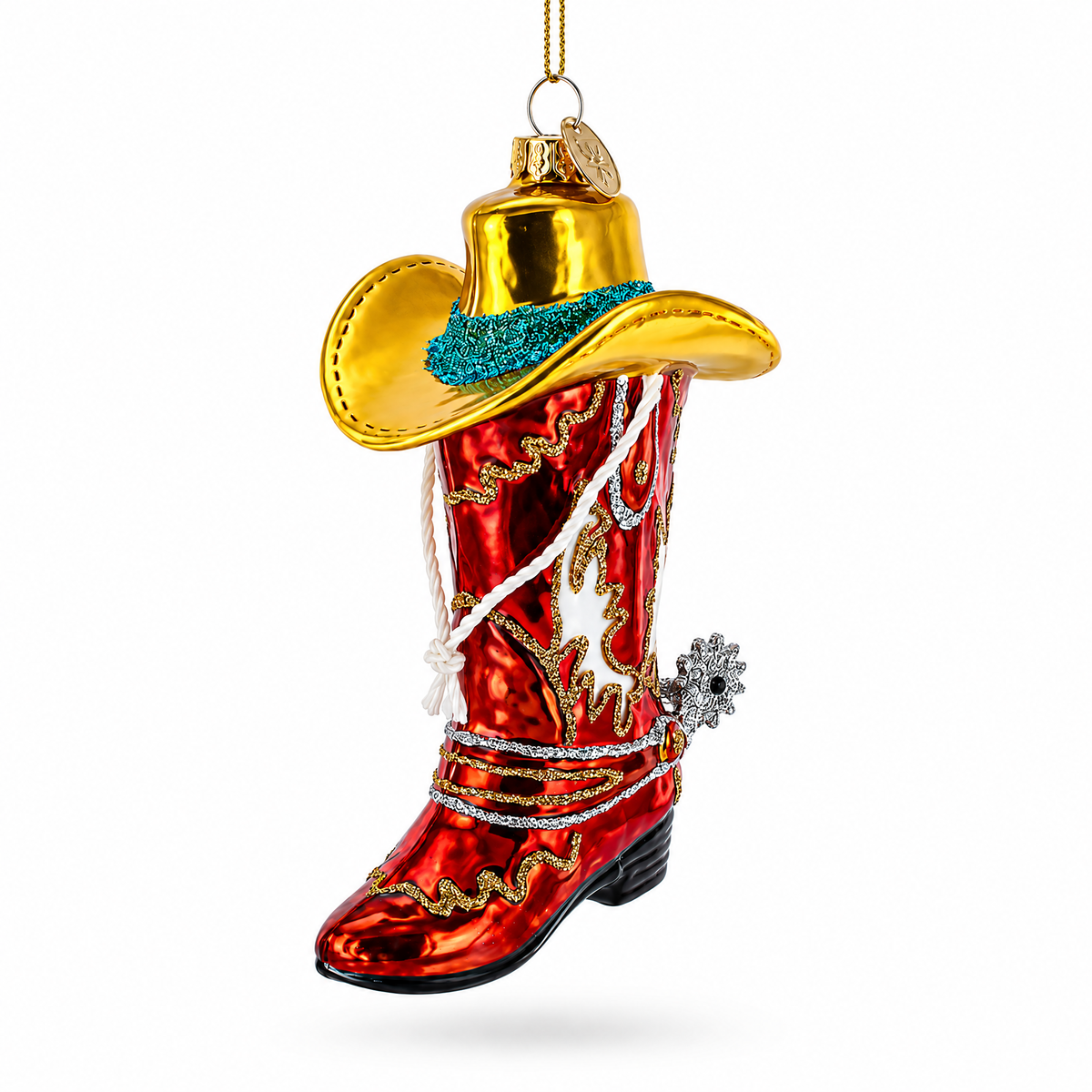 Western Cowboy Boot with Hat and Spur Glass Christmas Ornament