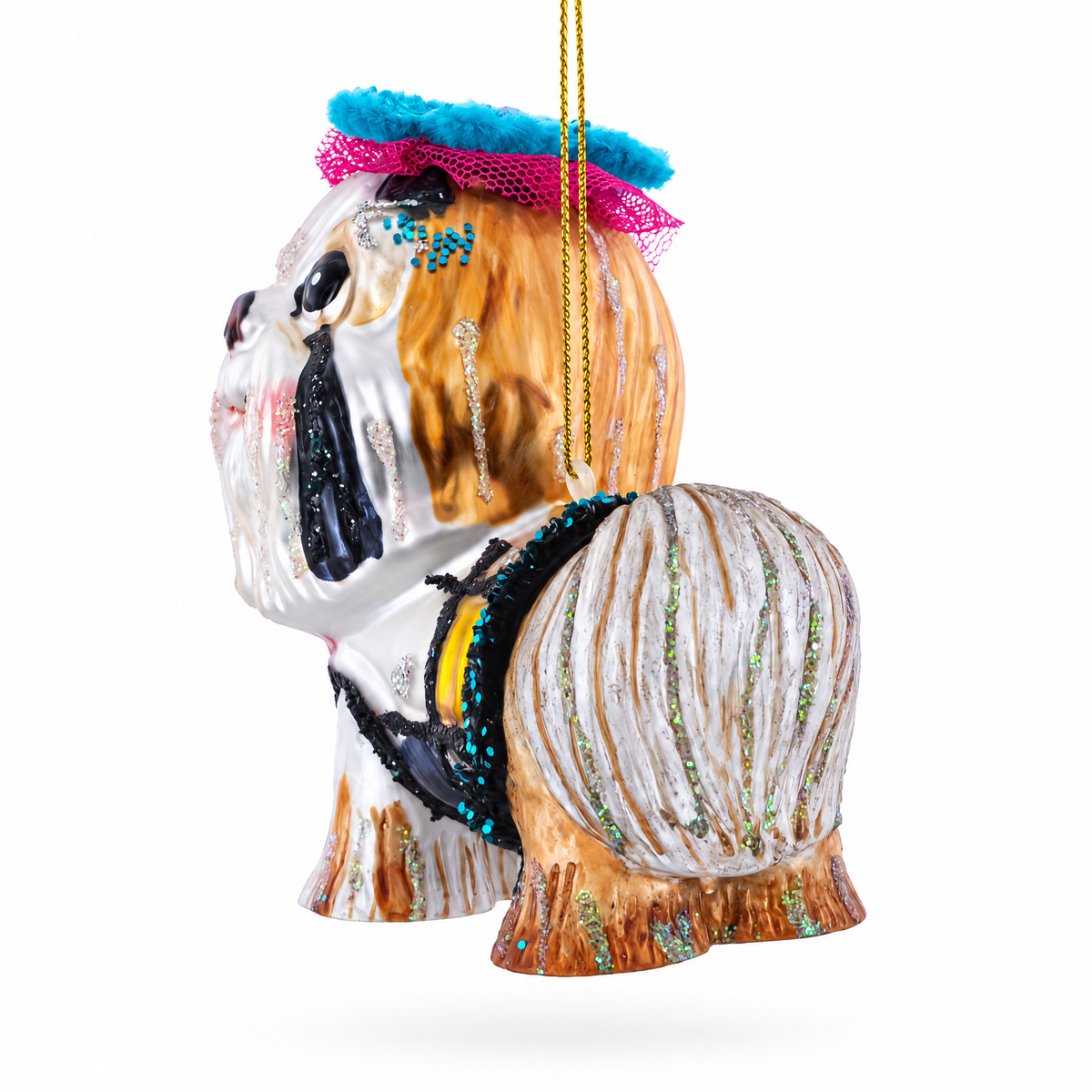 Shih Tzu with Teal Floral Headpiece Glass Christmas Ornament