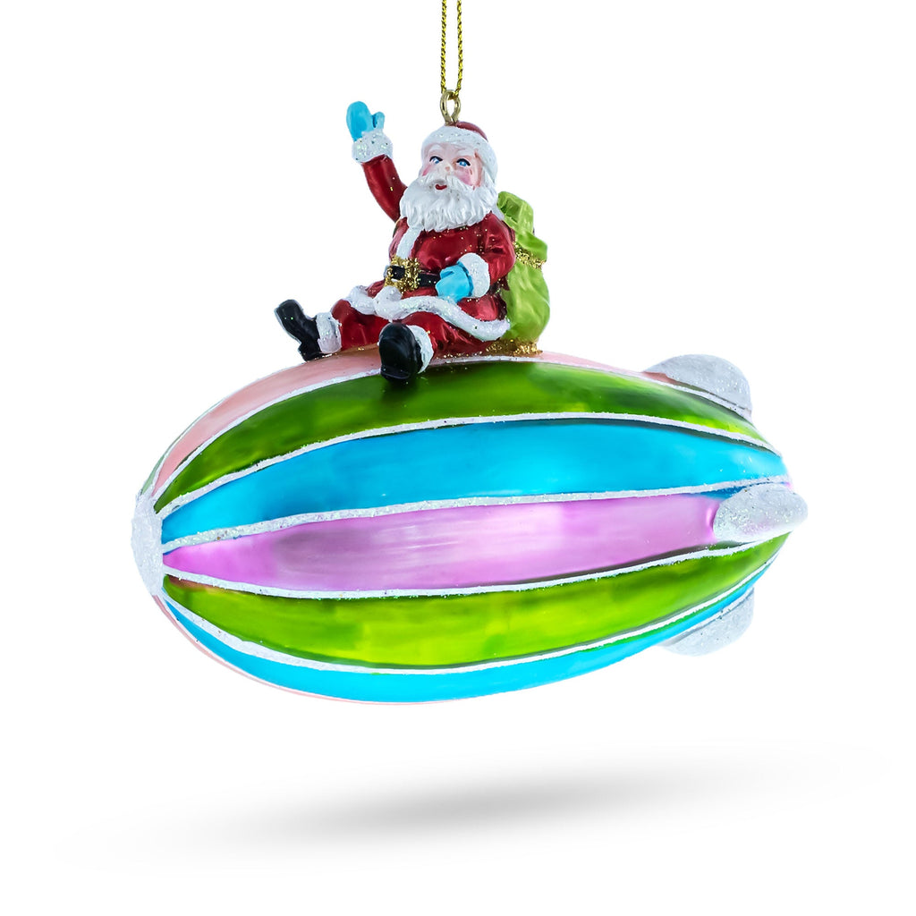 Santa Flying on Zeppelin Blimp Glass Christmas Ornament