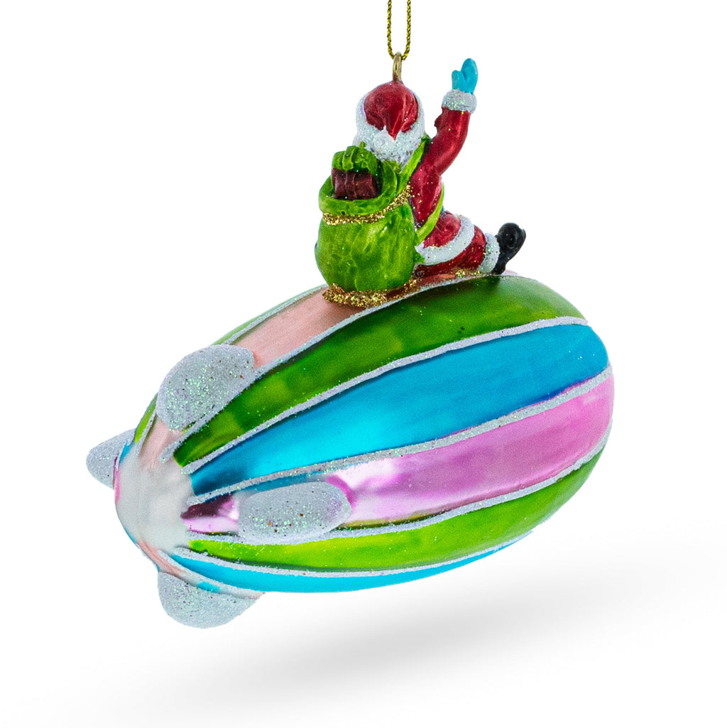 Santa Flying on Zeppelin Blimp Glass Christmas Ornament