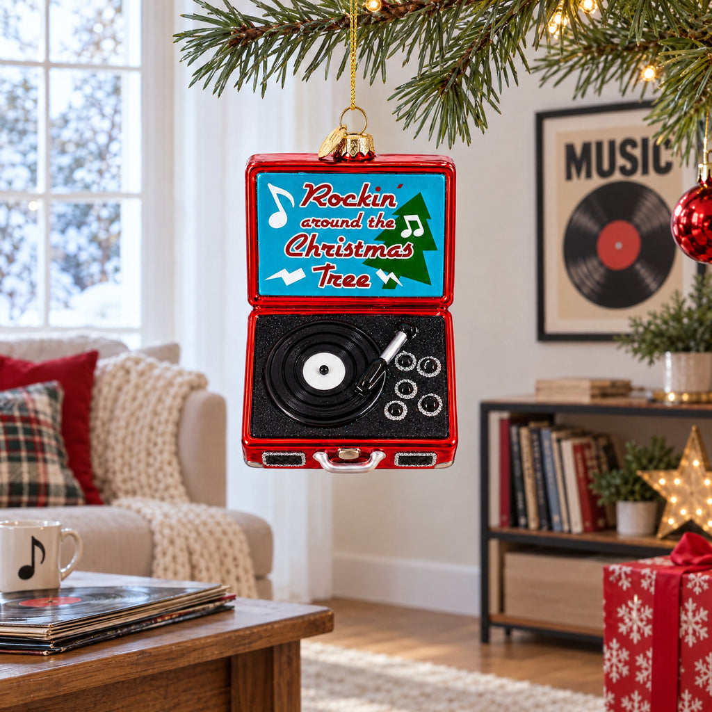 Retro Record Vinyl Player Glass Christmas Ornament