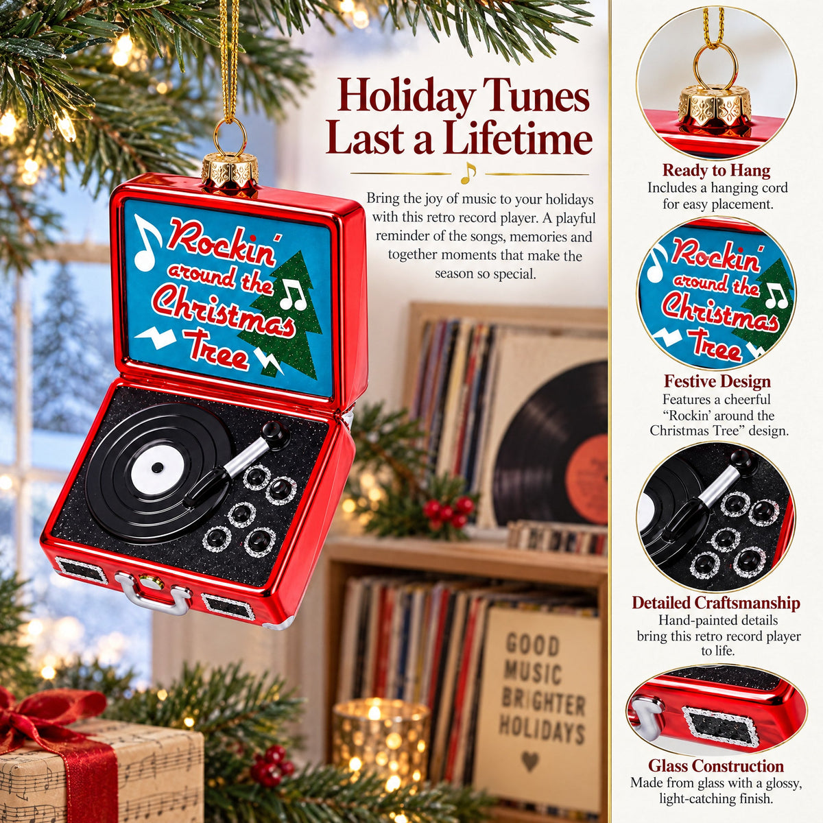 Retro Record Vinyl Player Glass Christmas Ornament