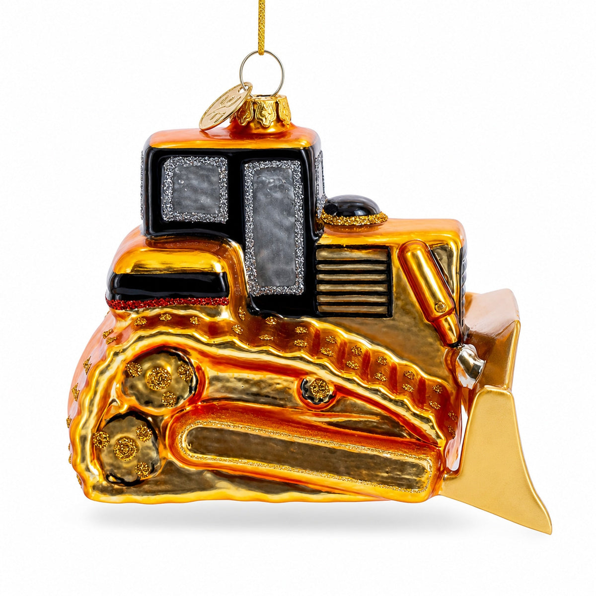 Tracked Bulldozer Construction Vehicle Glass Christmas Ornament