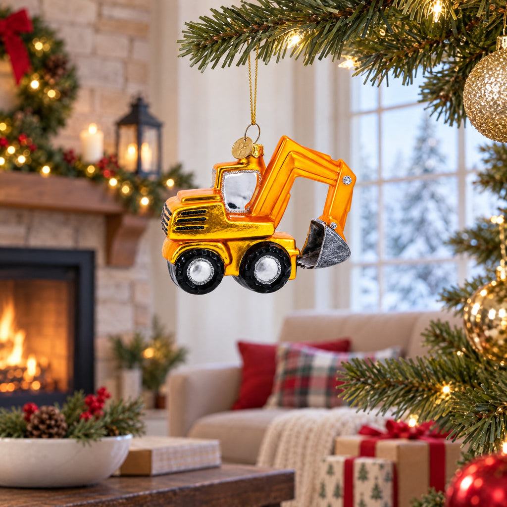 Wheel Excavator Construction Vehicle Glass Christmas Ornament