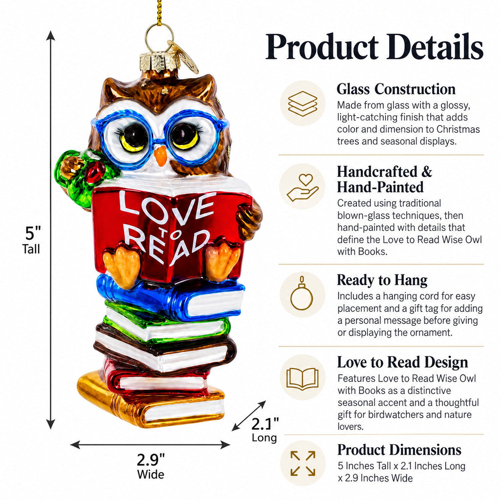 Love to Read Wise Owl with Books Glass Christmas Ornament