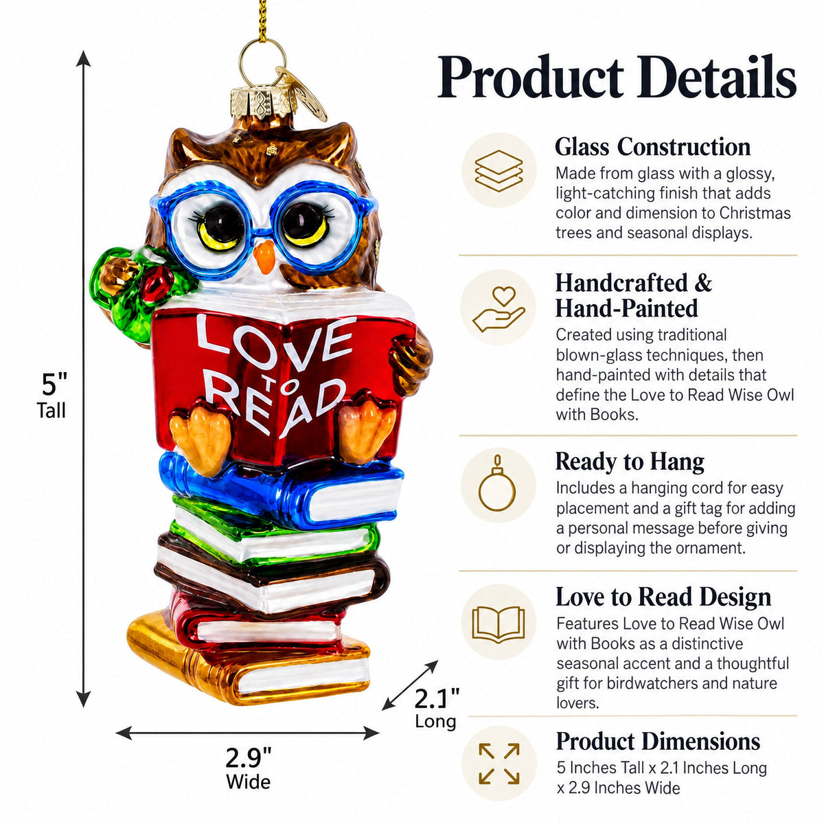 Love to Read Wise Owl with Books Glass Christmas Ornament