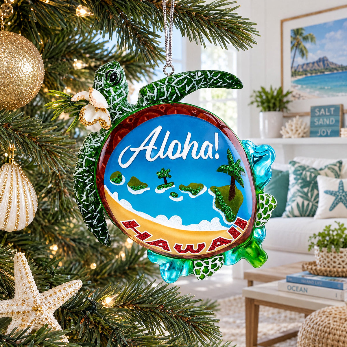 Hawaiian Aloha Turtle Glass Christmas Ornament