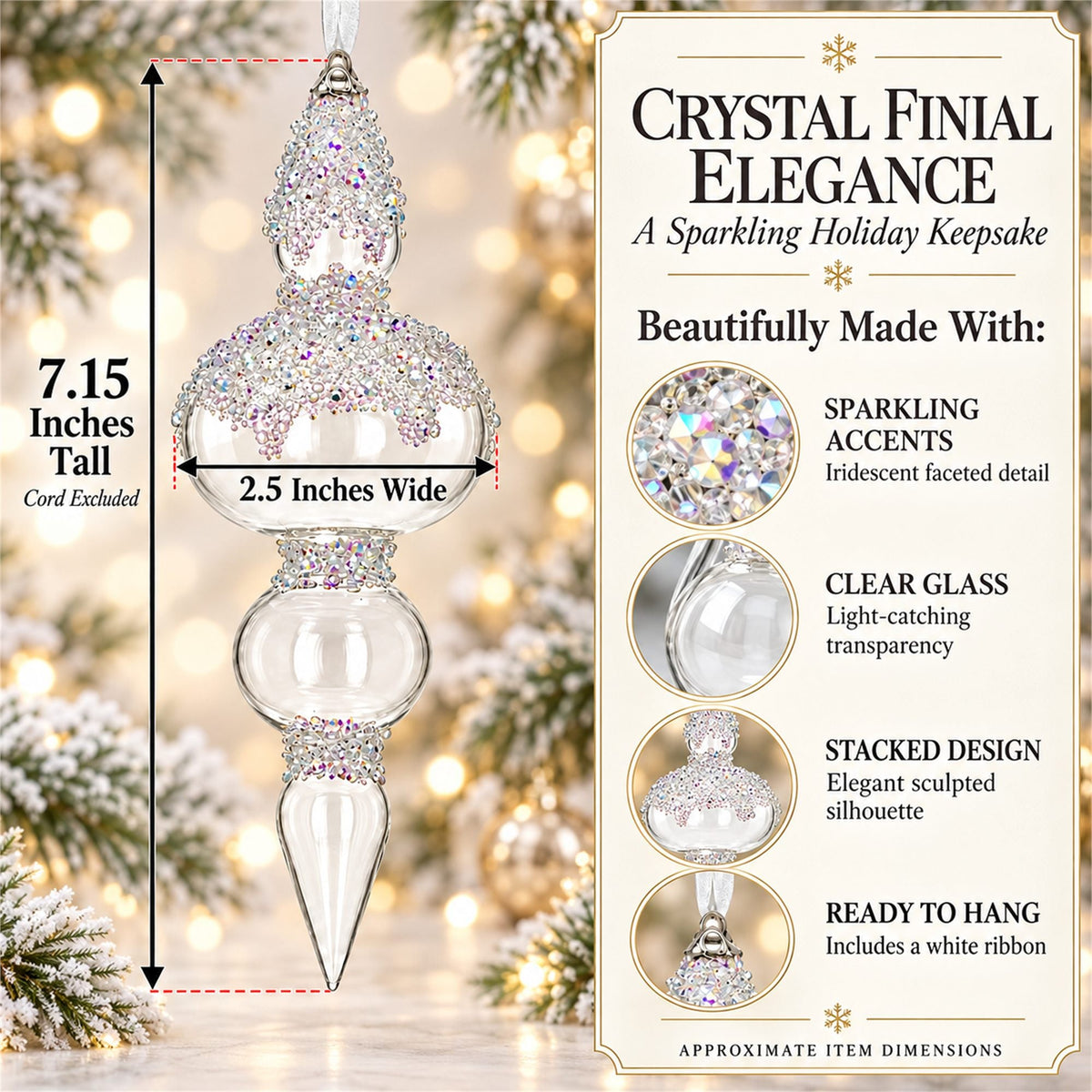 Clear Glass Finial With Frosted Ice Beading Christmas Ornament