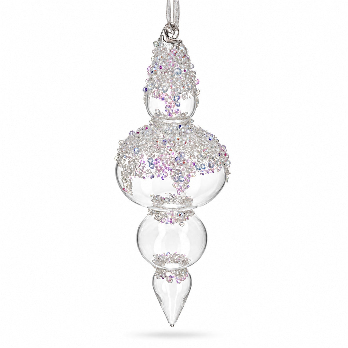 Clear Glass Finial With Frosted Ice Beading Christmas Ornament