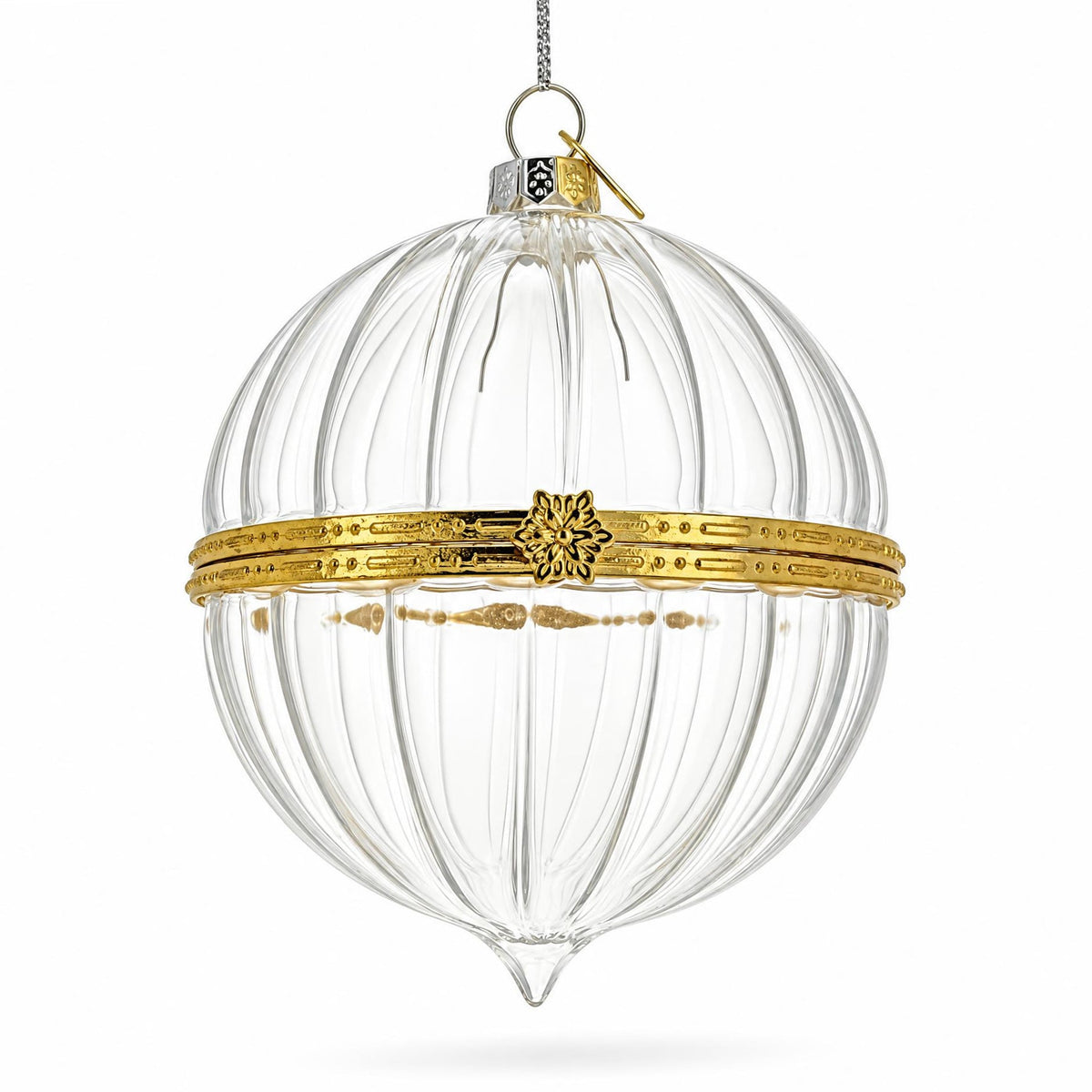Openable Clear Ribbed Glass Gold Hinge Christmas Ornament
