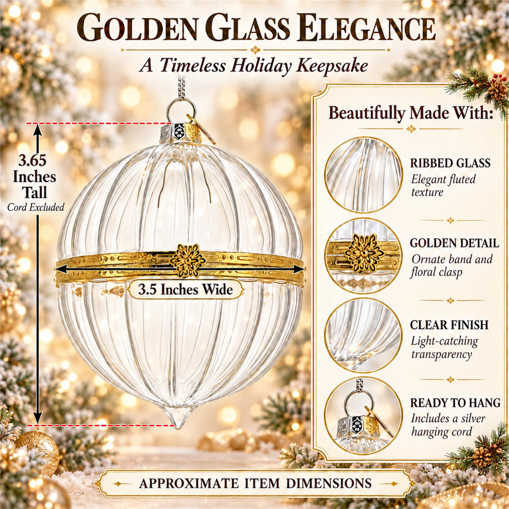 Openable Clear Ribbed Glass Gold Hinge Christmas Ornament