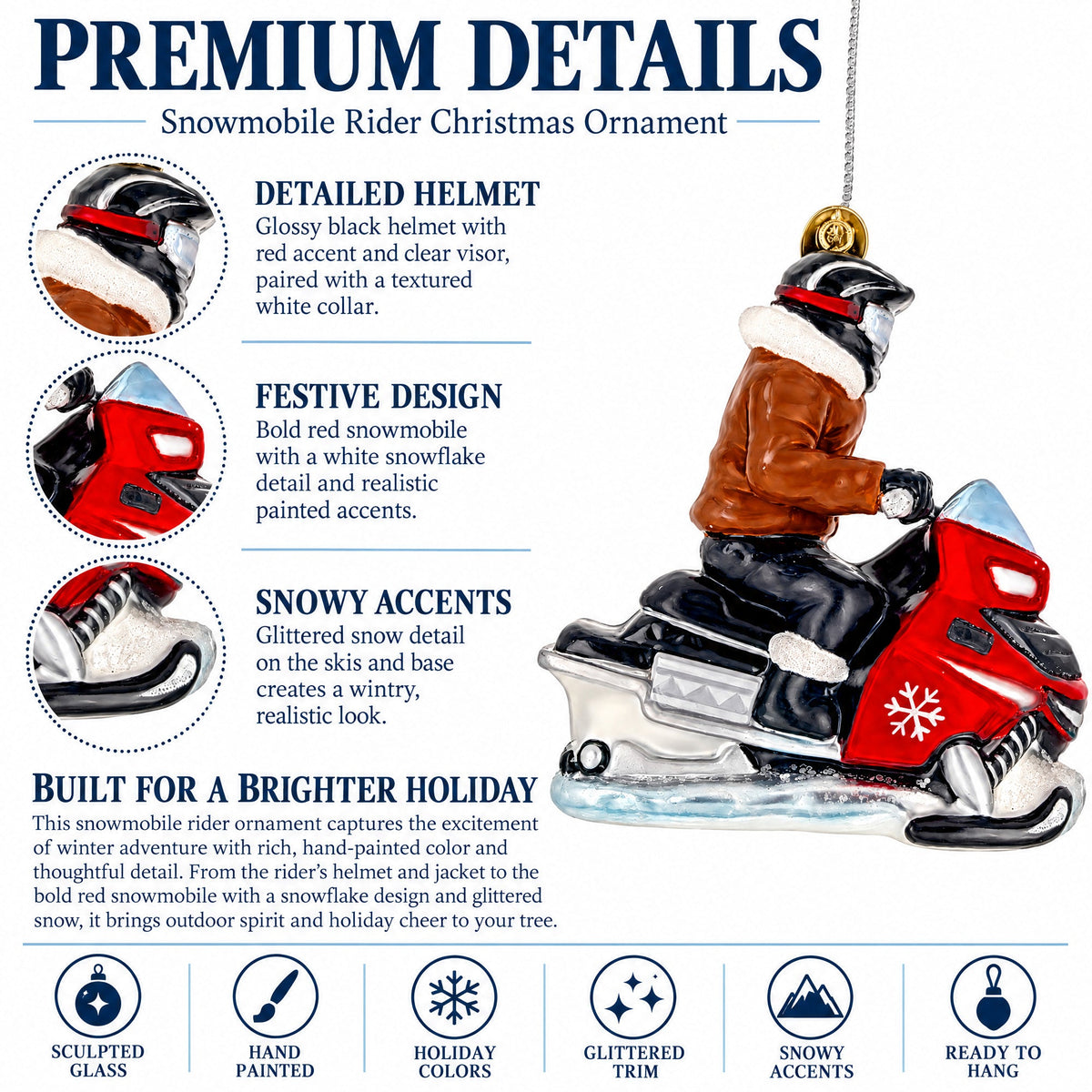 Winter Trail Rider Snowmobile Glass Christmas Ornament