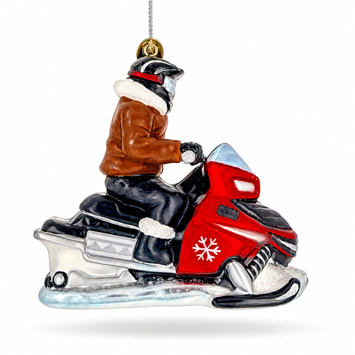 Winter Trail Rider Snowmobile Glass Christmas Ornament