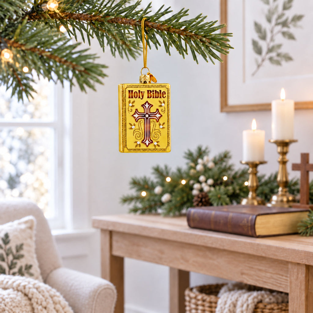 Holy Bible Book Glass Christmas Ornament