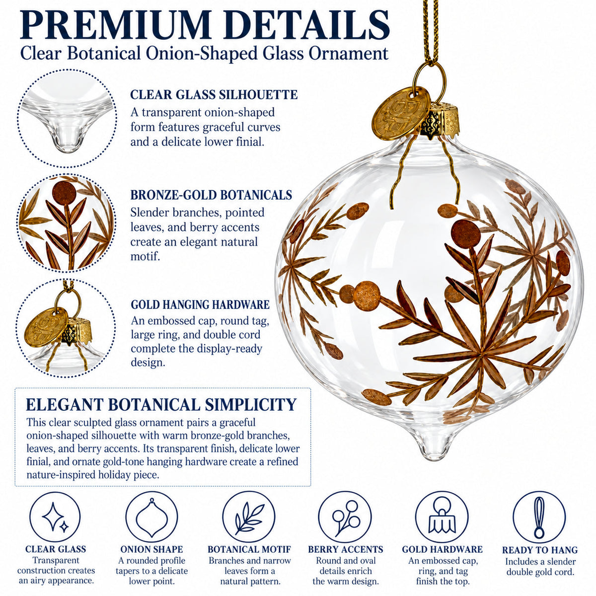 Clear Glass Onion With Gold Floral Design Christmas Ornament