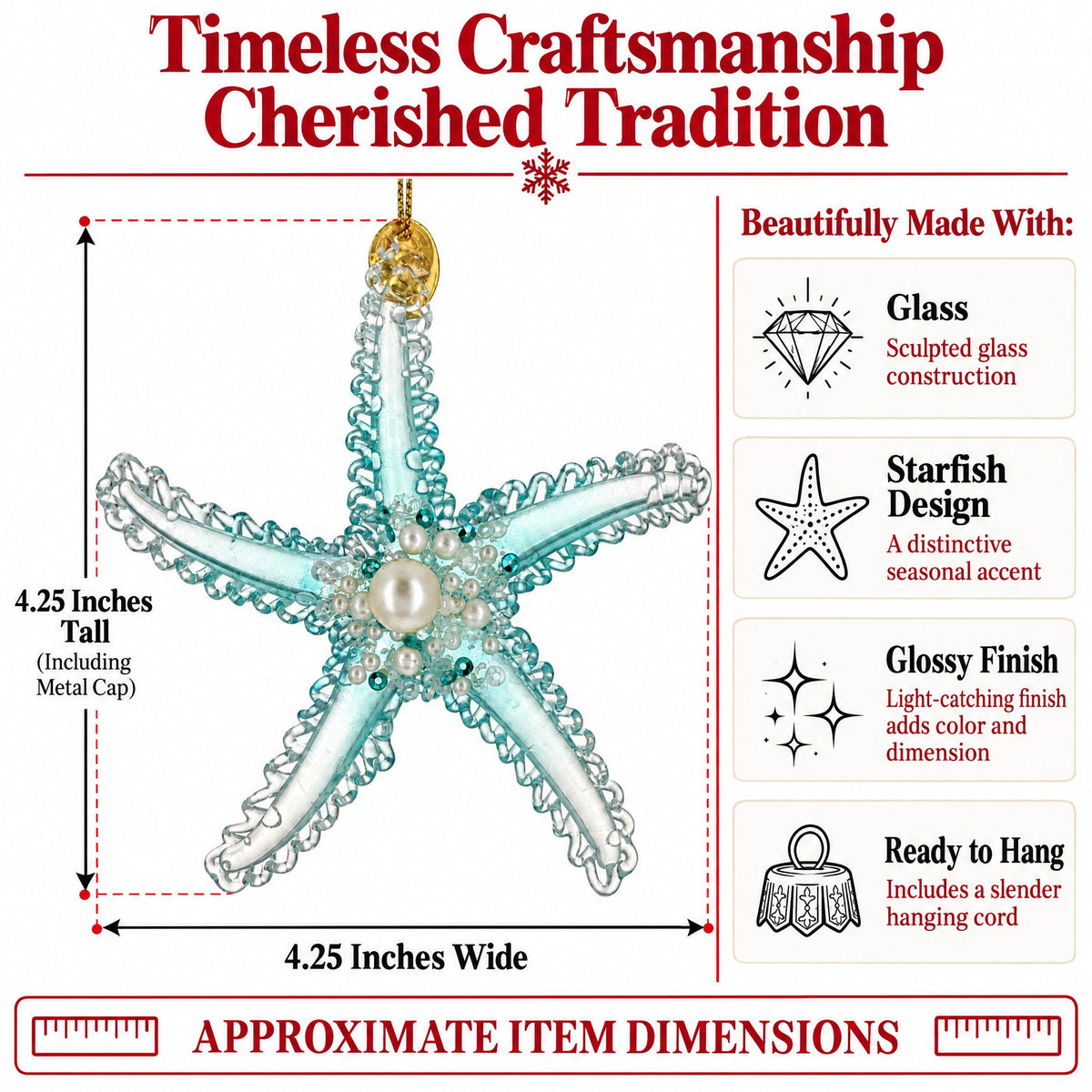 Light Blue Pearl Beaded Glass Starfish Christmas Ornament
