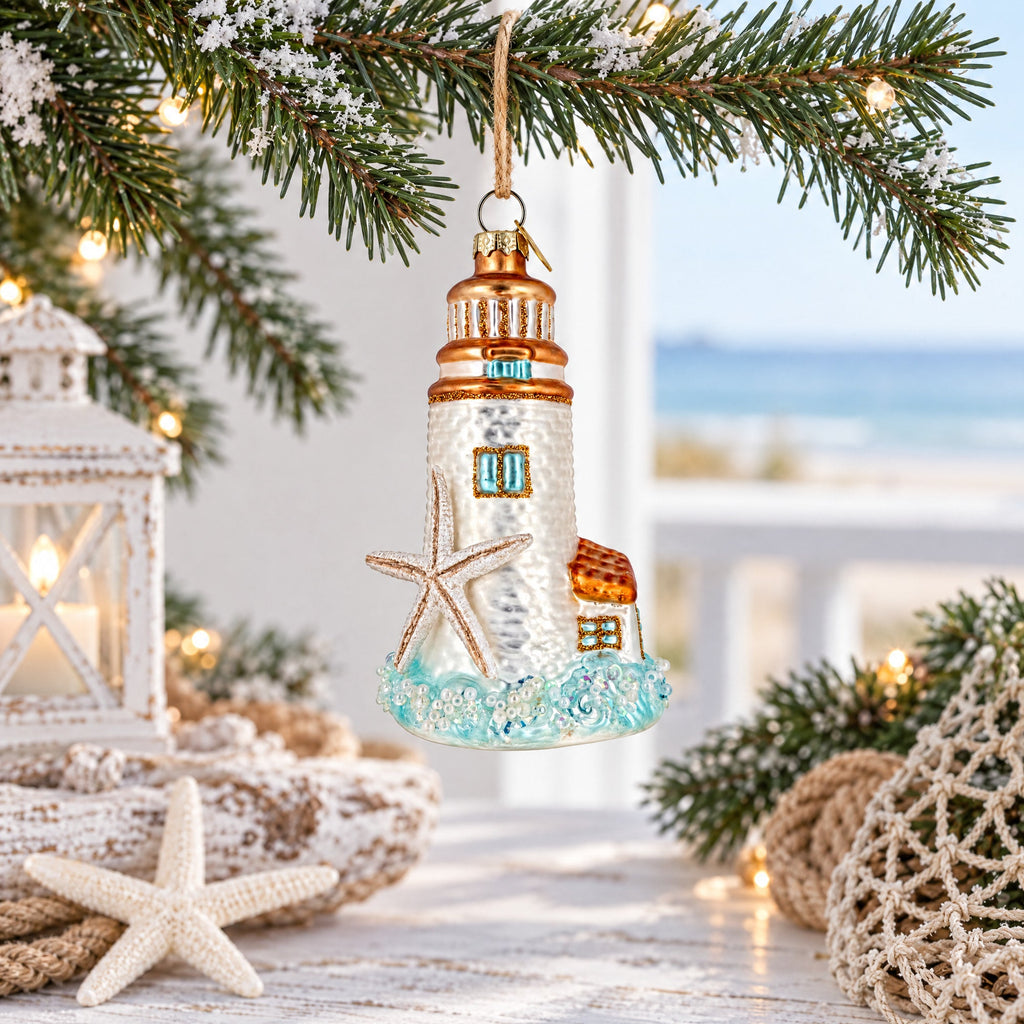 Nautical Lighthouse With Starfish Glass Christmas Ornament