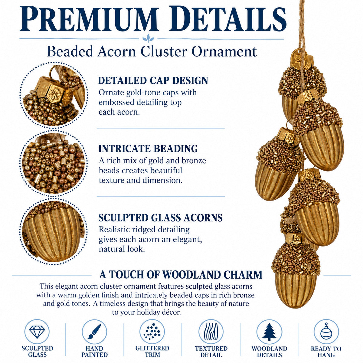 Gold Glitter Acorn Bunch Glass Christmas Ornament
