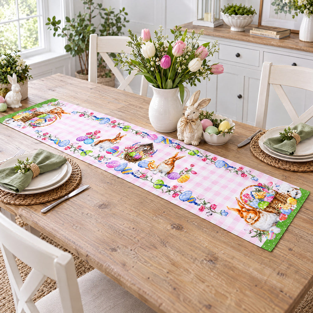 Fabric Easter Table Runner Featuring Playful Bunnies and Pastel Eggs 73 Inches Long