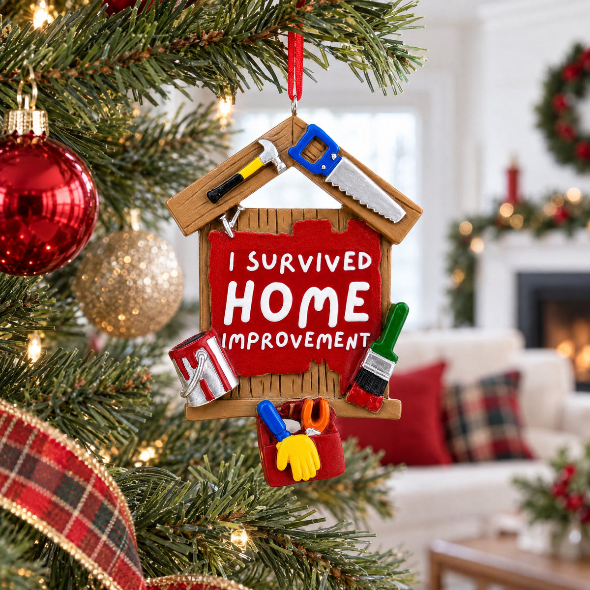 I Survived Home Improvement Sign with Tools Resin Christmas Ornament