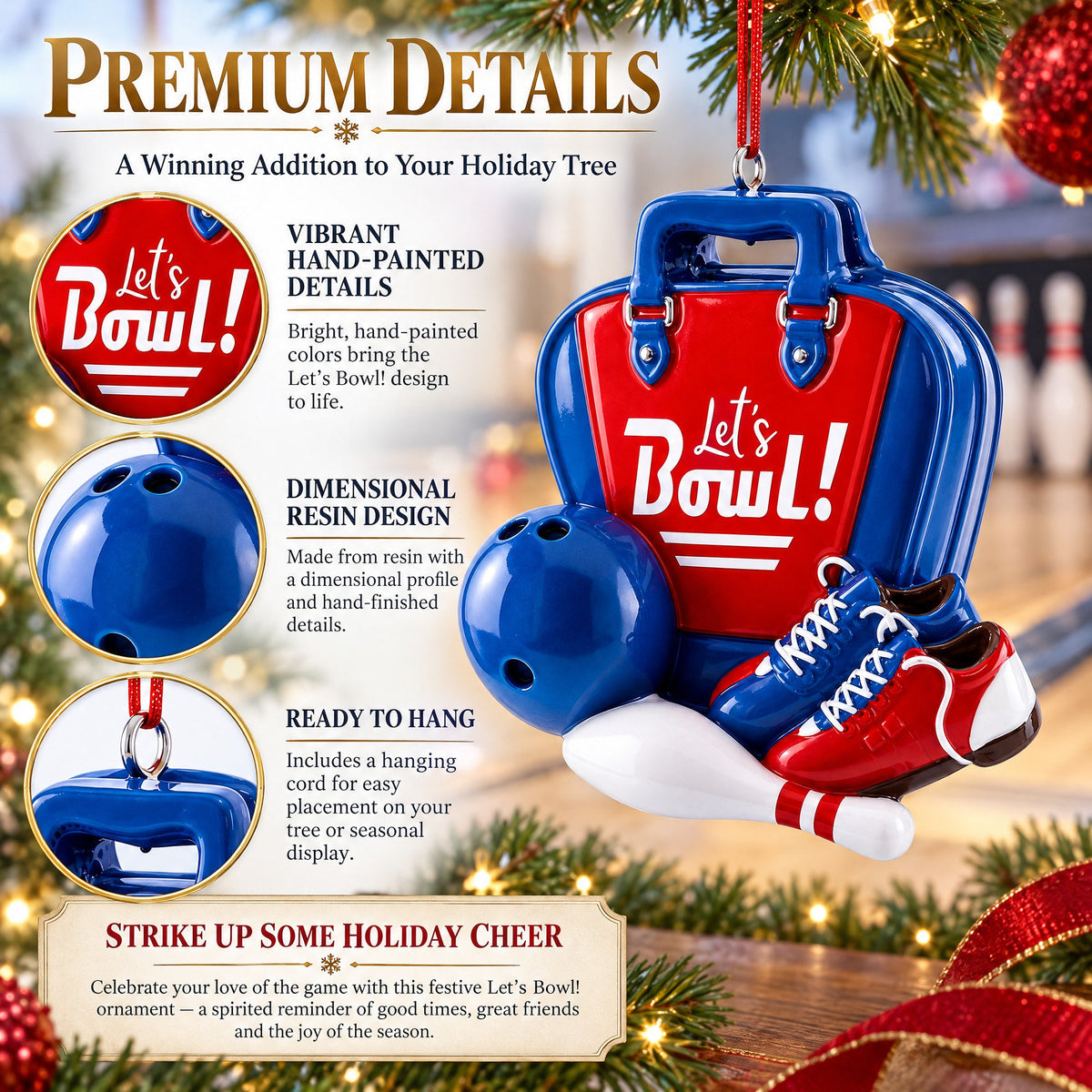 Let's Bowl Bowling Bag Pins Resin Christmas Ornament