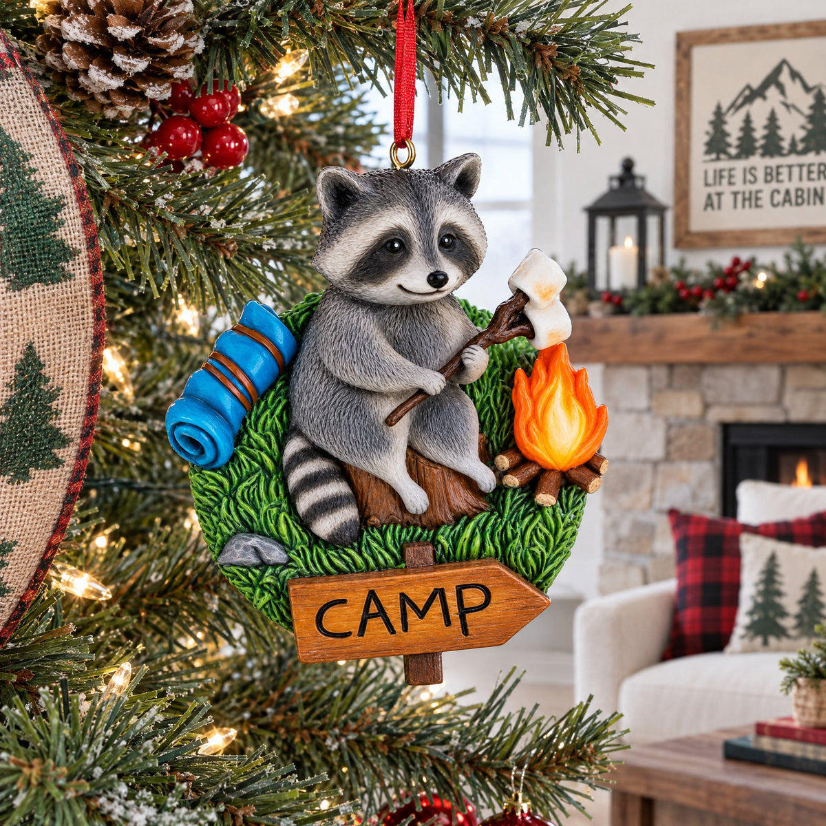 Camping Raccoon Marshmallow Roasting Campfire Resin Christmas Ornament