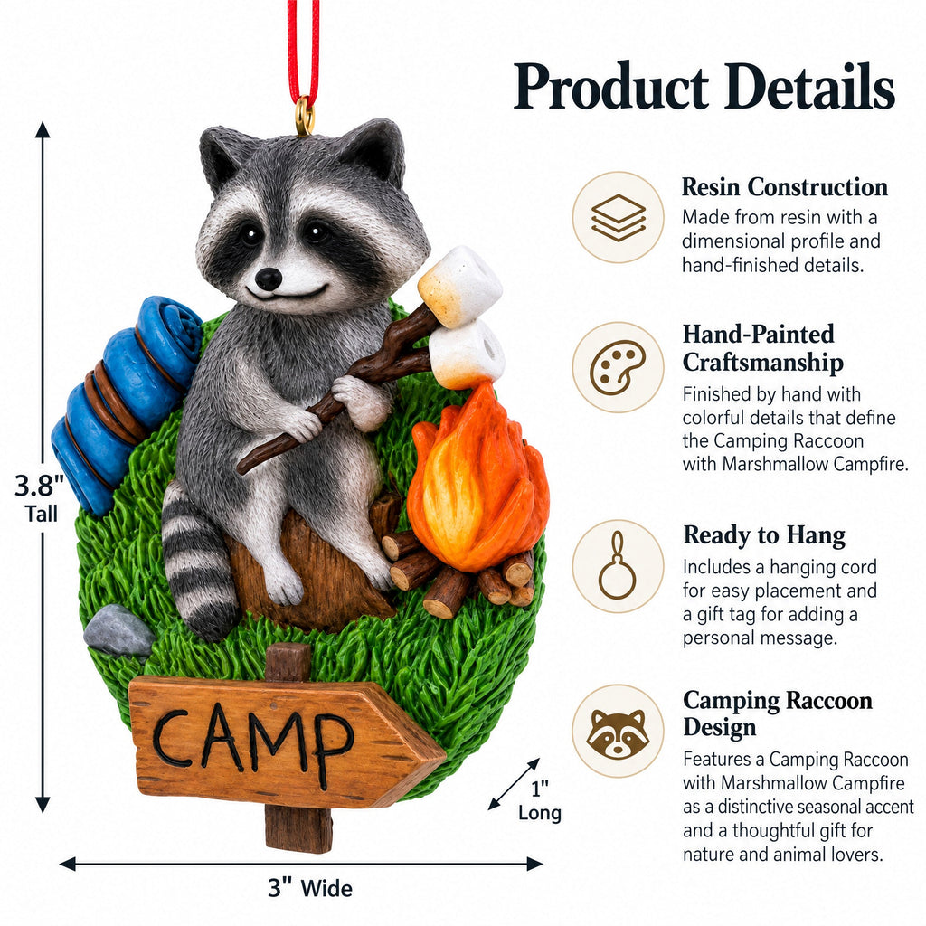 Camping Raccoon Marshmallow Roasting Campfire Resin Christmas Ornament