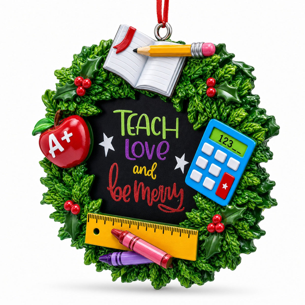 A+ Teacher Wreath Picture Frame Resin Christmas Ornament